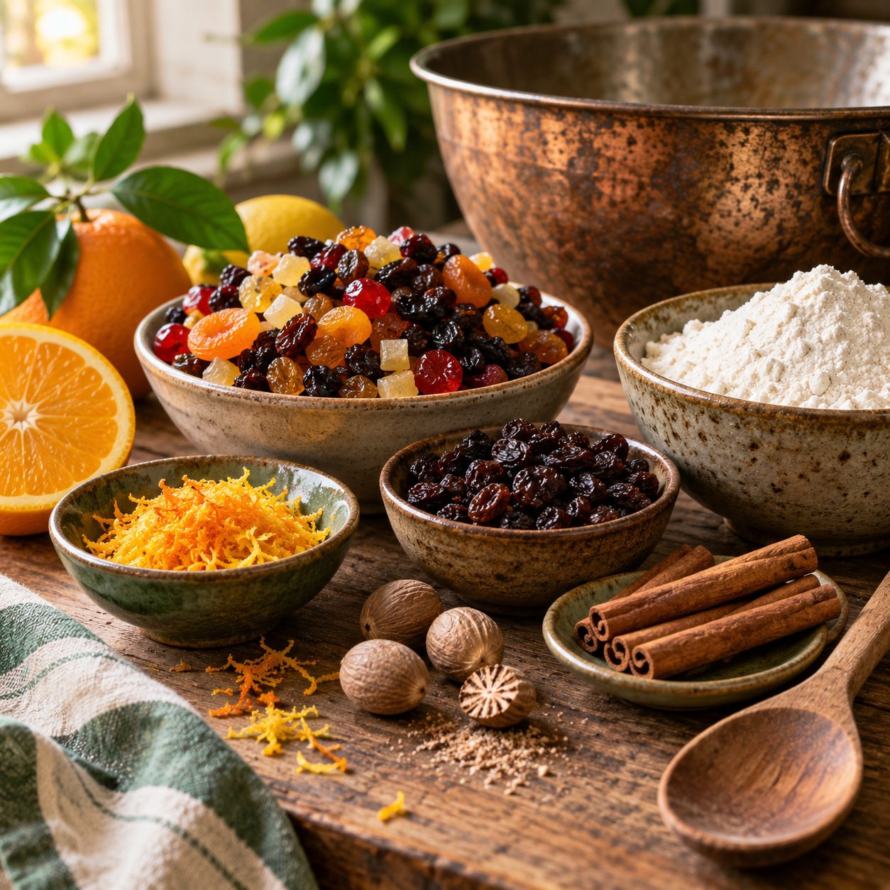 Baking ingredients on a rustic table: dried fruit, flour, orange zest, nutmeg and cinnamon sticks