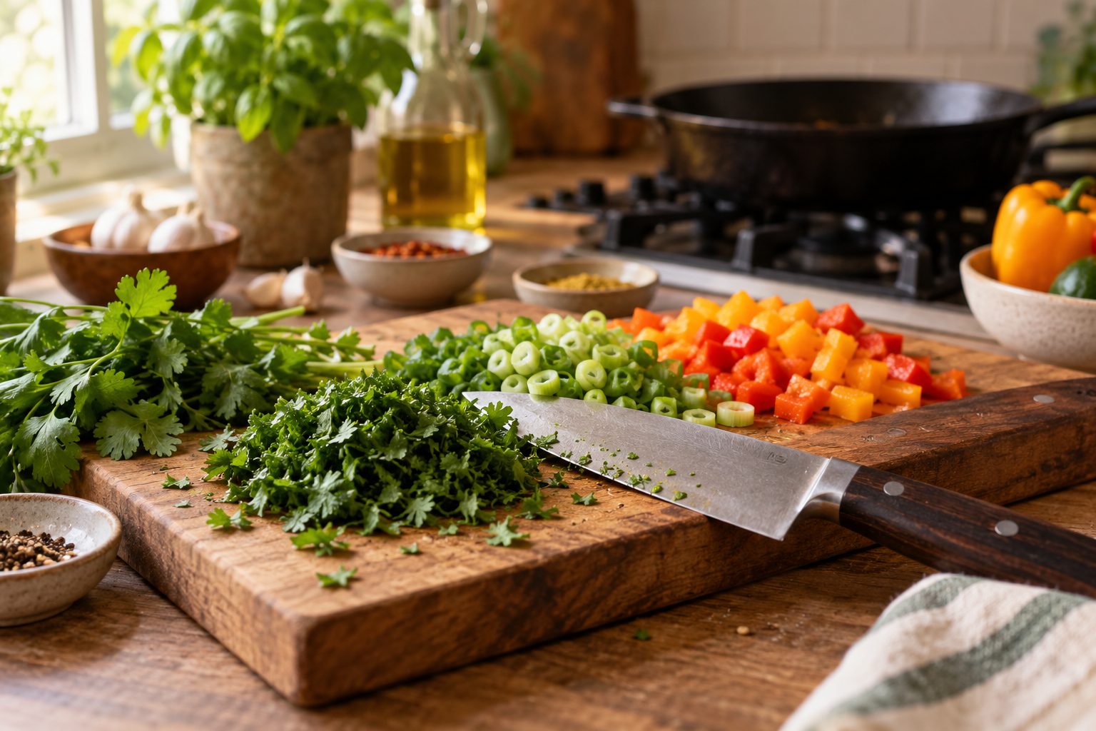 A chef’s knife on a wooden board with chopped herbs, scallions and diced peppers in a home kitchen