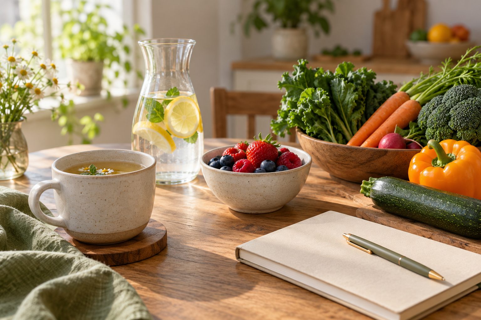 A calm kitchen table with herbal tea, lemon water, berries, fresh vegetables and a closed notebook