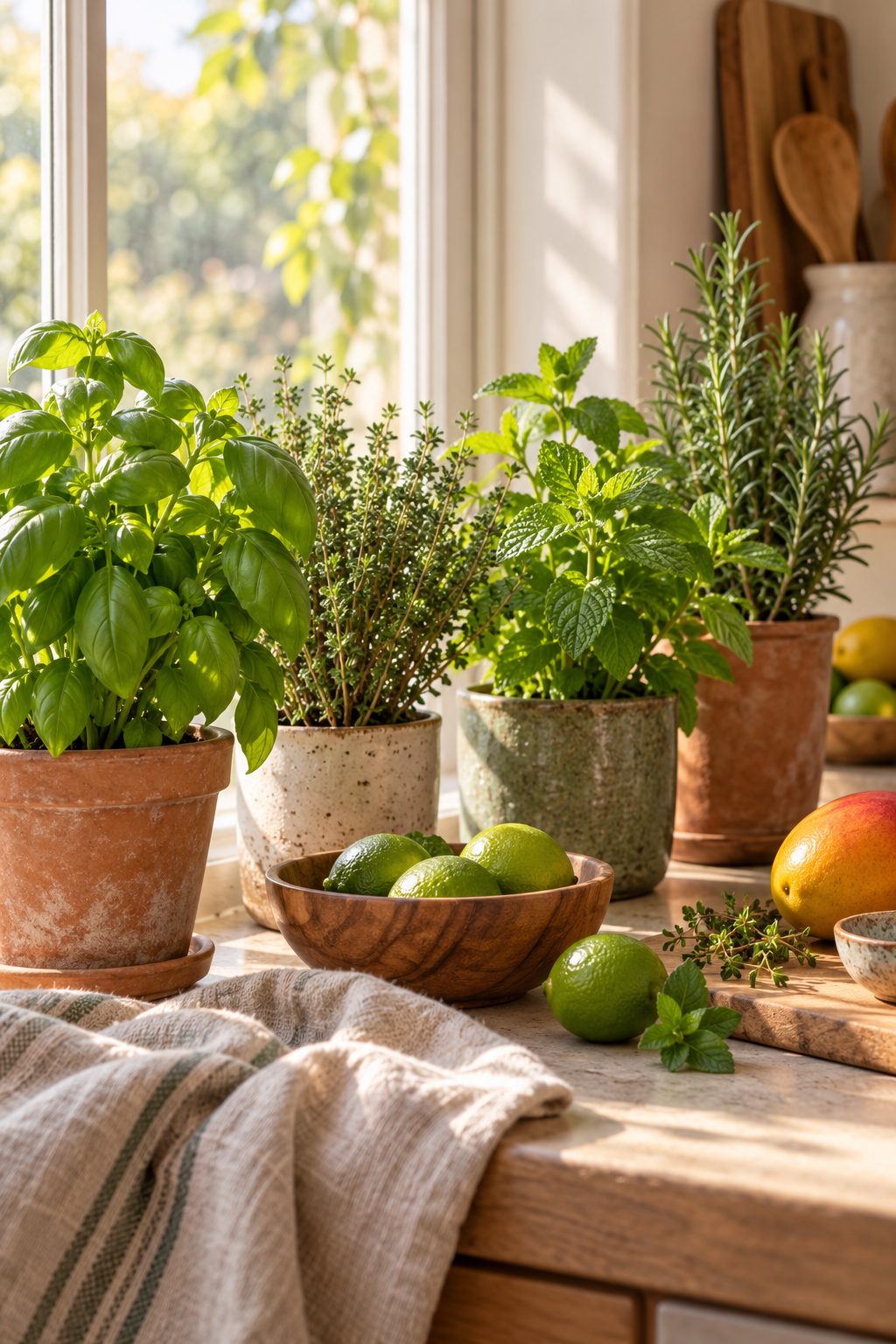 Pots of basil, thyme, mint and rosemary on a sunny kitchen windowsill with a bowl of limes