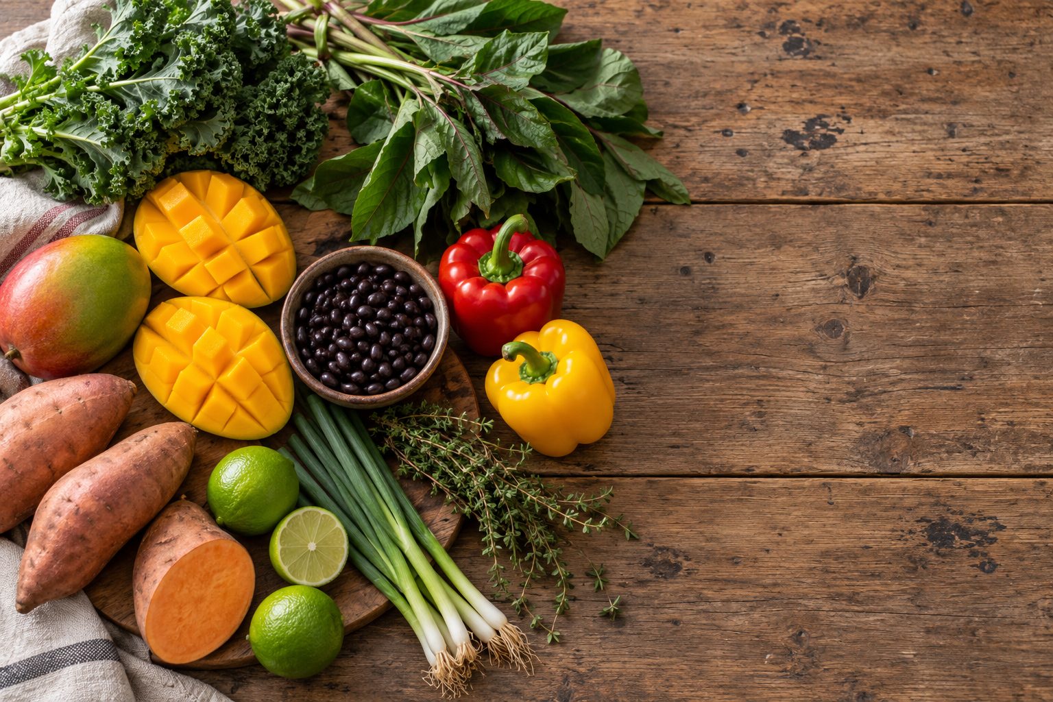 Fresh whole ingredients on a wooden table: mangoes, sweet potatoes, kale, peppers, limes, scallions, thyme and black beans